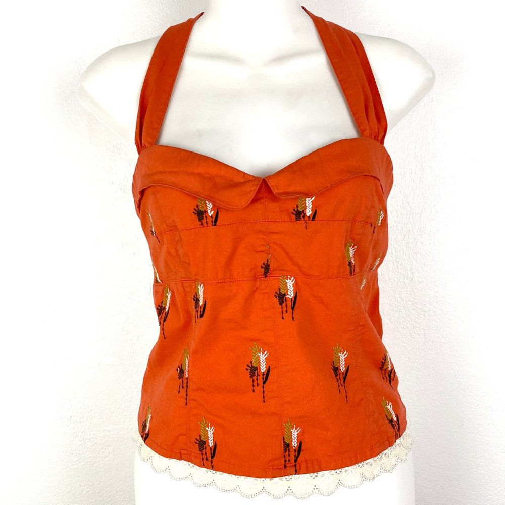 Anthropologie Orange Embroidered Sweetheart Halter Crop Top